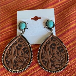 Cactus and Sunflower Teardrop Earrings with Turquoise Accents